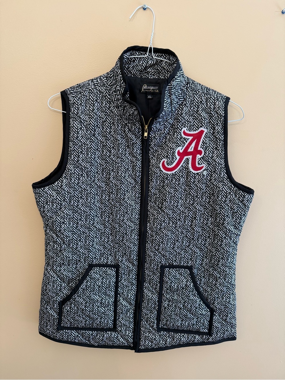 Black & White Herringbone Quilted Vest with Red A Accent